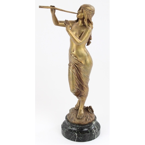 1265 - Edouard Drouot (1859-1945); 'La Muse des Bois', cast gilt metal Art Nouveau figure of girl playing p... 