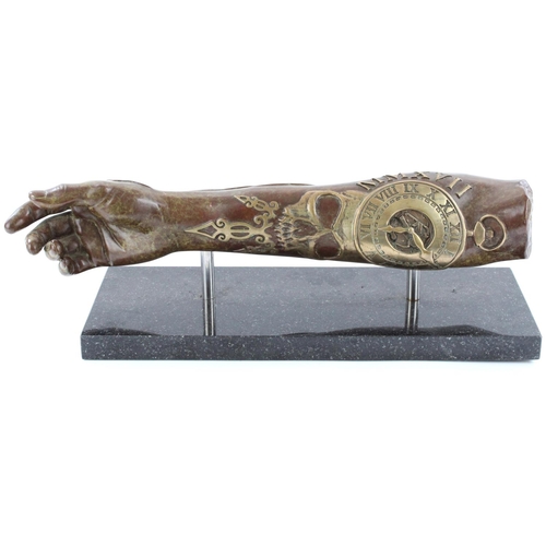 1258 - Dan Lane (British b1980-); 'Timeless', bronze sculpture of forearm with tattoos in relief, on slate ... 