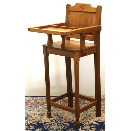 1419 - Bob Wrenman Hunter of Thirsk- a Childs high chair, with fielded panel back, solid seat and removable... 