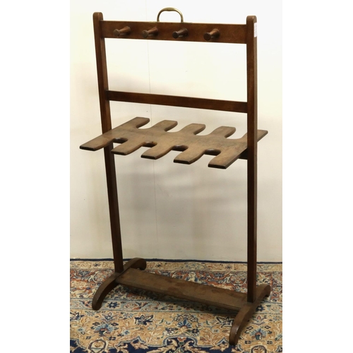 1406 - Early C20th whip and boot rack, for eight boots, mahogany frame with brass handle, W53cm D35cm H100c... 