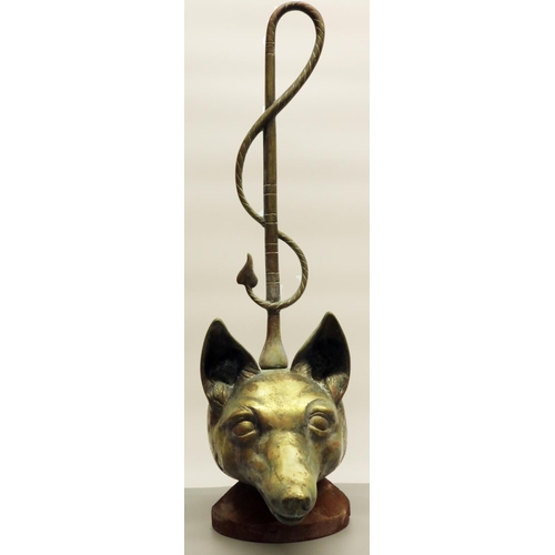 1249 - C20th cast iron and brass fox mask door porter with entwined crop handle, indistinctly stamped, H44c... 