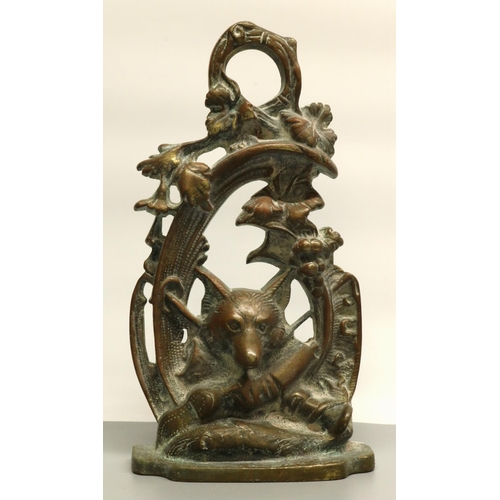 1250 - C20th brass Hunting door porter cast with Fox mask and boots with scrolled openwork handle, H27cm