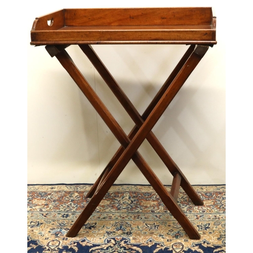 1400 - Victorian mahogany Butlers tray, three-quarter gallery with pierced handles, on folding stand, W66cm... 