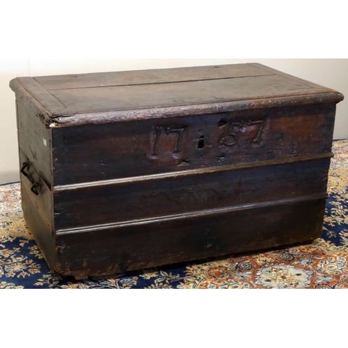 1398 - George 111 and later oak coffer, heavy planked with hinged lid and candle box, iron carry handles an... 