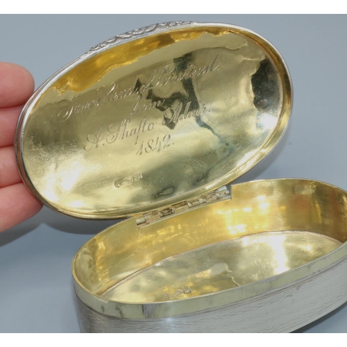 1089 - Victorian hallmarked engine turned silver oval table snuff box, hinged lid with vacant oval cartouch... 