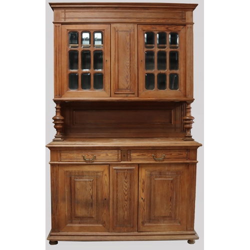 1395 - Victorian pitch pine side cabinet, moulded cornice and two nine panel glazed doors above an open wai... 