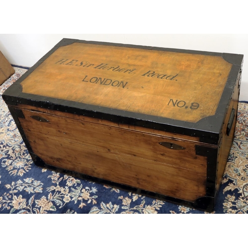 1396 - Sir Herbert Read - a metal bound pine travel trunk, with tin lined interior and cast side carry hand... 