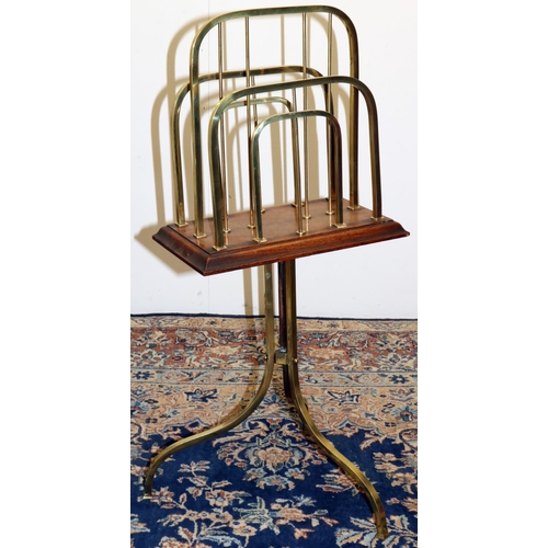 1266 - Art Deco brass and oak swivel two division magazine rack on three outsplayed legs, stamped Rd, W39cm... 