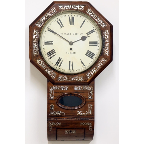 1267 - Frengley Bros. Dublin - C19th Irish mother of pearl inlaid rosewood drop dial wall clock, signed cir... 