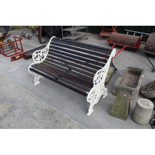 1452 - Cast metal garden bench with rose, thistle and leaf design,  W128cm H78cm D47cm