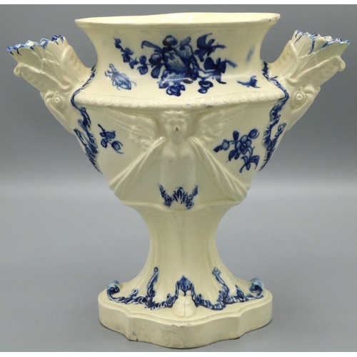 1219 - Creamware lozenge shaped vase with two bird handles, relief decorated with angels, and blue foliage ... 