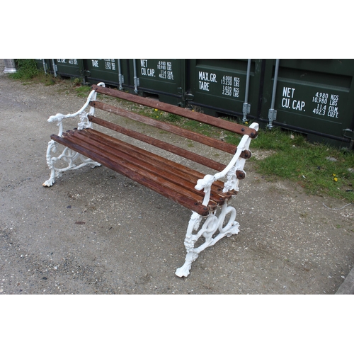 1451 - Coalbrookdale cast metal garden bench, ends depicting serpent, leaves and dogs head, wooden slats, W... 