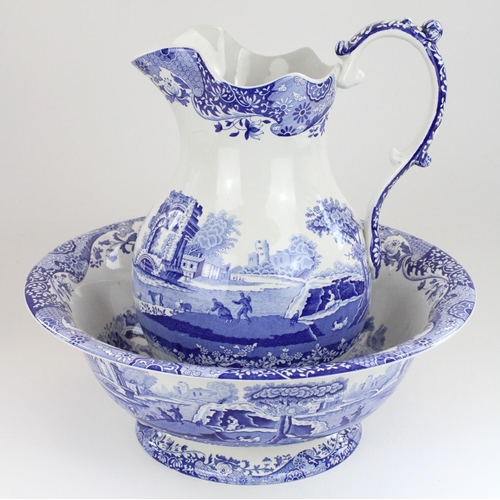 1232 - C20th Spode Italian pattern blue and white pottery wash jug and bowl, max H32cm