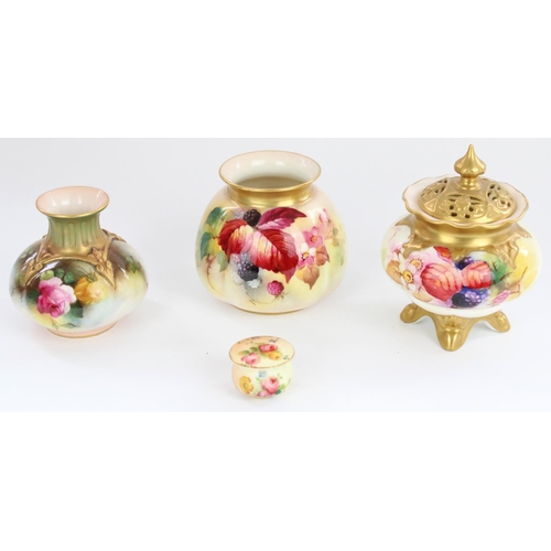 1218 - Royal Worcester pot pourri vase and cover, the bulbous vase with reticulated gilt cover, body painte... 