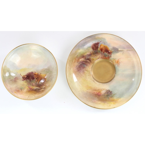 1211 - Royal Worcester pedestal pin dish and matched saucer, both painted with Highland cattle scenes and s... 