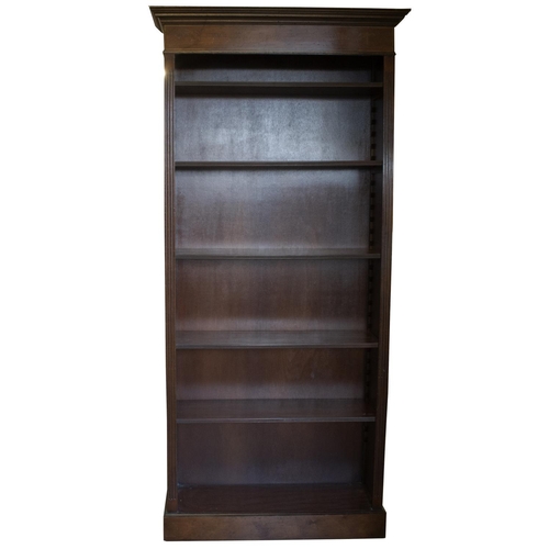 1397 - George III style mahogany open bookcase, stepped moulded cornice with ribbon tied swag frieze, five ... 