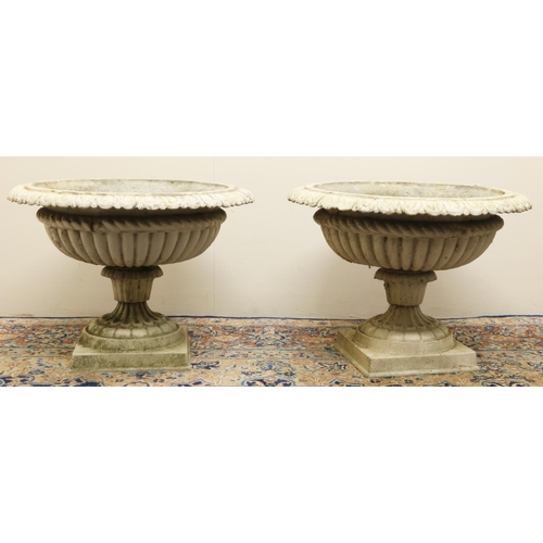 1453 - Pair of white painted cast metal lobed campana shaped garden urns, square bases, D52cm H36cm (2)