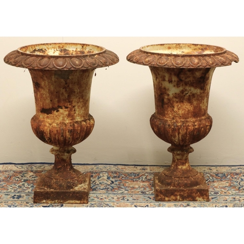 1454 - Pair of cast metal part lobed garden urns on square bases, W35cm H45cm (2)