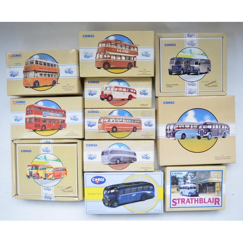 Twelve Corgi limited edition 1/50 scale bus models, all with CoA's. condition of models varies from fair to mint, most, previously displayed, some will require cleaning, some damage to Daimler Fleetline, refer to photos