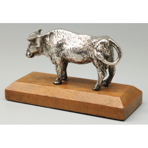 1065 - Victorian hallmarked silver cast model of a cow, on rectangular oak plinth, Thomas Glaser London 189... 