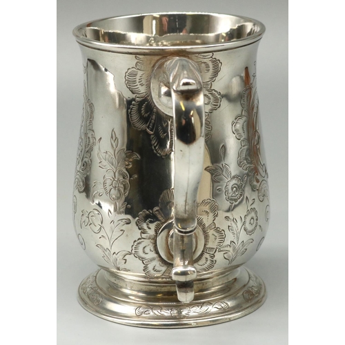 1096 - George III hallmarked silver mug, baluster body decorated with foliage scrolls and vacant cartouche,... 