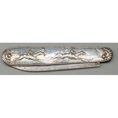 1152 - George IV hallmarked silver bladed soft fruit knife, handle with Hunting scenes in relief, by Joseph... 