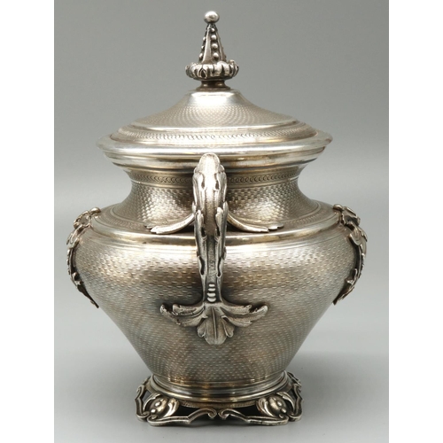 1198 - C19th silver plated urn shaped sugar vase and cover, all over engine turned with spire finial, leaf ... 