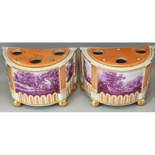 1212 - Pair of early C19th Davenport D-shaped bough pots with pierced covers, three panels each painted wit... 