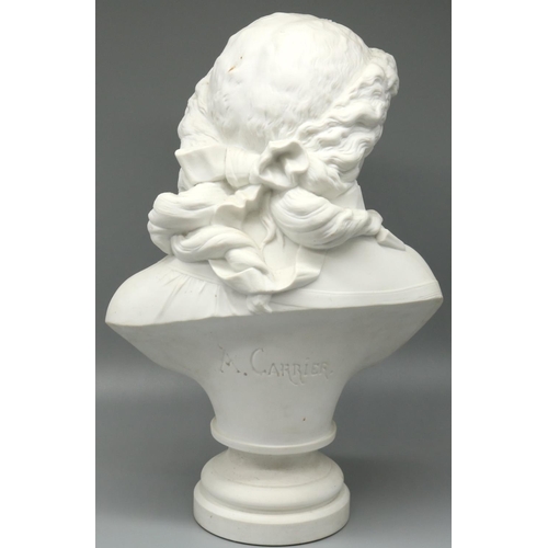 1213 - After Albert-Ernest Carrier-Belleuse; Parianware head and shoulder bust of a young girl with flowers... 