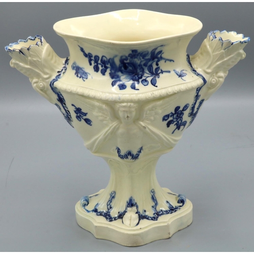 1219 - Creamware lozenge shaped vase with two bird handles, relief decorated with angels, and blue foliage ... 