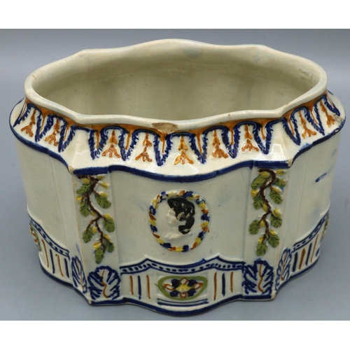 1221 - C19th Prattware shaped oval tea caddy, relief decorated with anthemion and portrait medallion, W13cm