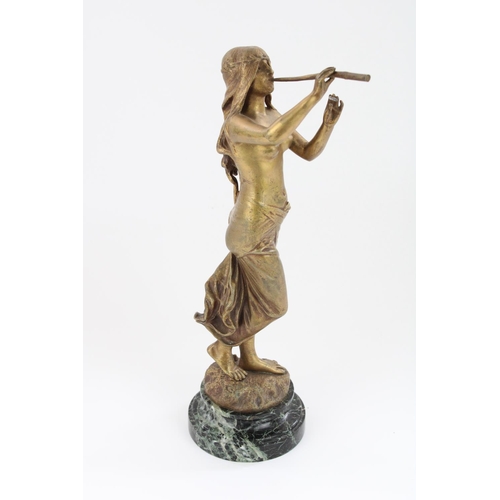 1265 - Edouard Drouot (1859-1945); 'La Muse des Bois', cast gilt metal Art Nouveau figure of girl playing p... 