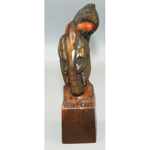 1272 - C20th Faust Lang painted carved wooden model of a Kingfisher on a rock, signed H15cm