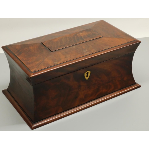 1276 - Victorian sarcophagus shaped mahogany curl veneer tea caddy, with two lidded canisters and glass bow... 