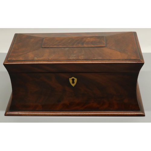 1276 - Victorian sarcophagus shaped mahogany curl veneer tea caddy, with two lidded canisters and glass bow... 