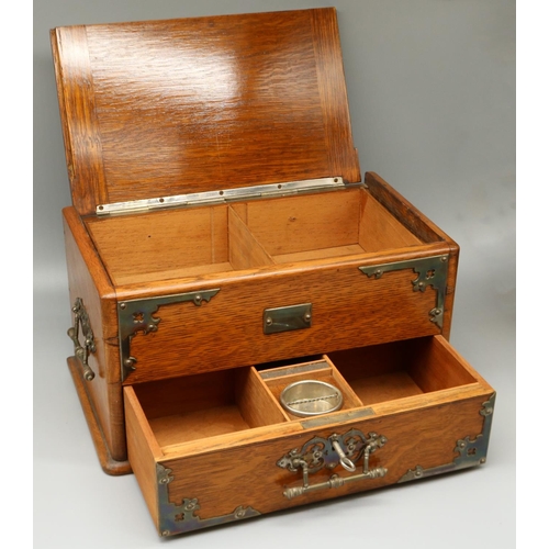 1277 - Edwardian brass bound oak smokers cabinet, hinged lid with cedar liner interior above a fitted drawe... 