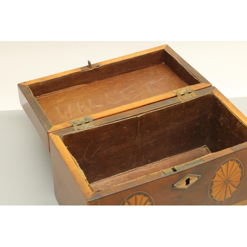 1283 - Early C19th satinwood crossbanded rectangular tea caddy, inlaid with three fan paterae, interior rem... 