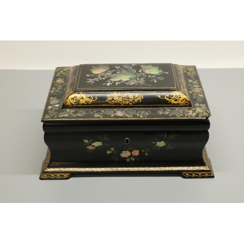 1285 - Victorian papier mache rectangular jewellery box, chinoiserie decorated with flowers, stepped hinged... 