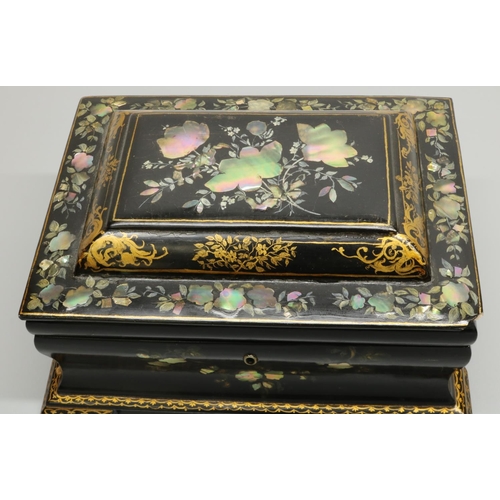 1285 - Victorian papier mache rectangular jewellery box, chinoiserie decorated with flowers, stepped hinged... 