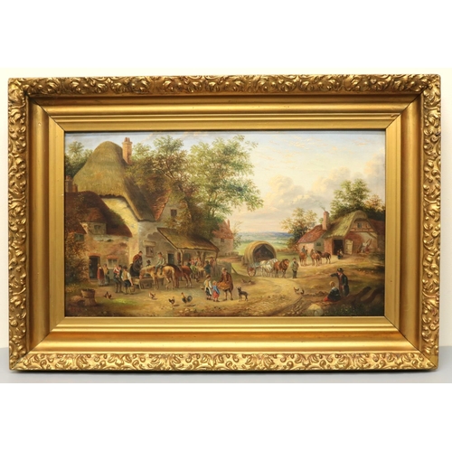 1353 - Attrib. Edward Masters (fl.1869-1880); An English Village scene with figures, animals, horses, and c... 