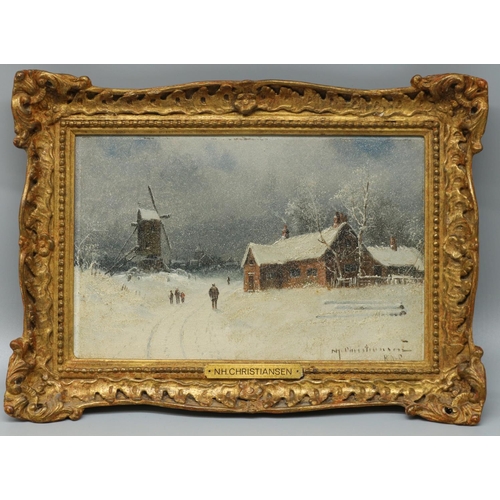 1361 - N. H. Christiansen (Circa 1850-1932); Pair of Winter scenes: Figures on a pathway with windmill & co... 