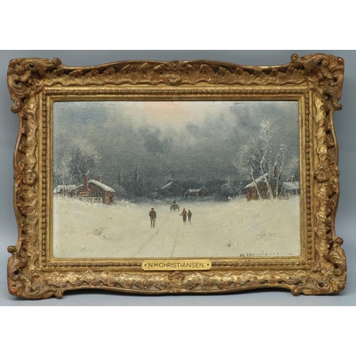 1361 - N. H. Christiansen (Circa 1850-1932); Pair of Winter scenes: Figures on a pathway with windmill & co... 