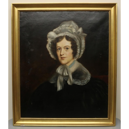 1367 - English School (C19th); Head and shoulder portrait study of a lady wearing black dress and ribbon ti... 