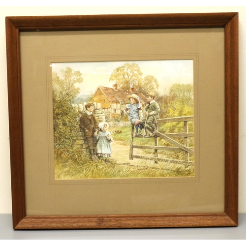 1377 - J. C. Lund (British C20th); Group of Children by a Cottage garden gate, watercolour, signed, 21cm x ... 