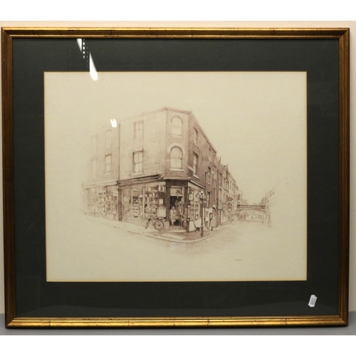 1378 - William Geldart (British Contemporary); 'The Corner Shop Altrincham' pencil, signed, 39cm x 49cm, ti... 