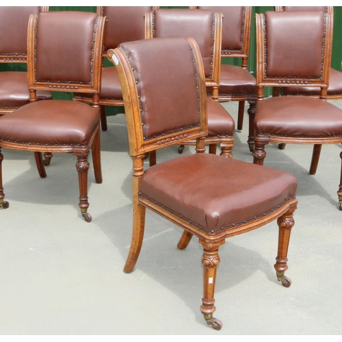 1390 - Set of eight Victorian golden oak dining chairs, with scrolled backs and serpentine seats on cabocho... 