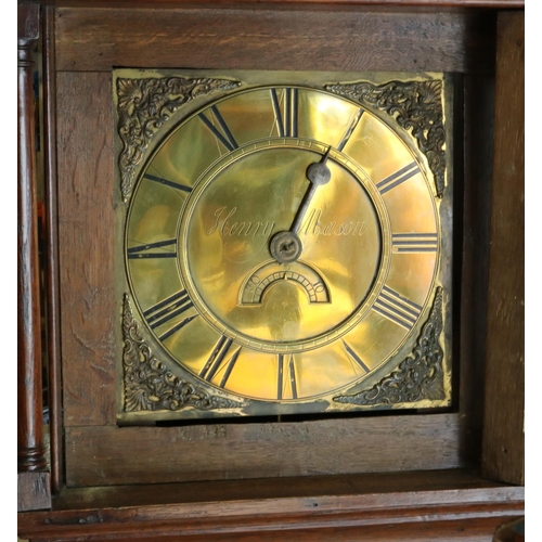 1432 - Henry Mason - C18th oak longcase clock, signed 28cm square brass Roman dial with faux date aperture,... 