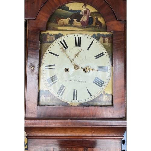 1433 - Ness, Kirby Moorside - C19th mahogany crossbanded oak long case clock, signed arched painted Roman d... 