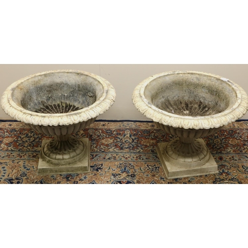 1453 - Pair of white painted cast metal lobed campana shaped garden urns, square bases, D52cm H36cm (2)