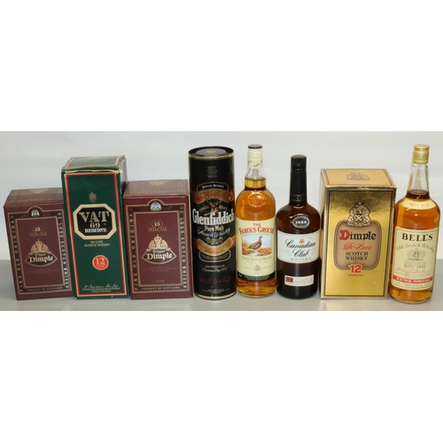 1324 - Glenfiddich Pure Malt Scotch Whisky, 86US proof 75cl, in tube, VAT 69 De Luxe Scotch Whisky 12yo, 43... 